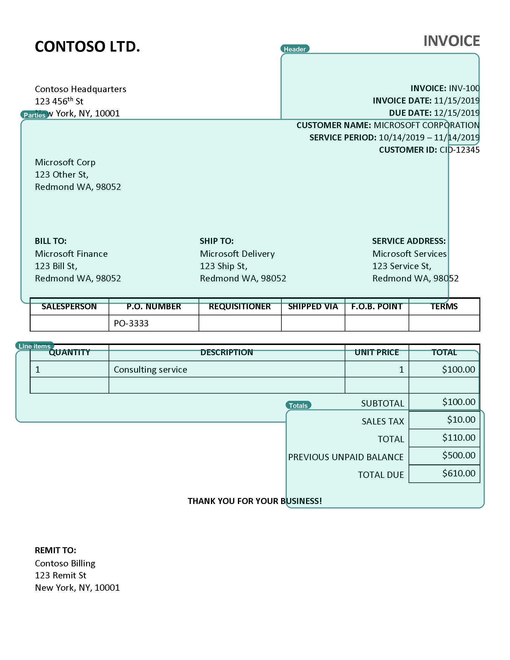 Invoice preview with OCR extraction regions highlighted